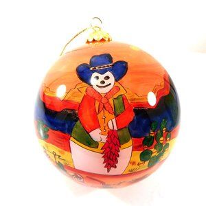 Lawrence Vargas Cowboy Snowman Reverse Painted Glass Christmas Ornament